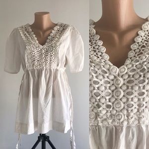White Cotton Blouse BoHo hippie top Maternity L XL Light Flowy Summer Spring
